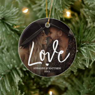 Elegant Script Love Heart Two Photo Ceramic Tree Decoration