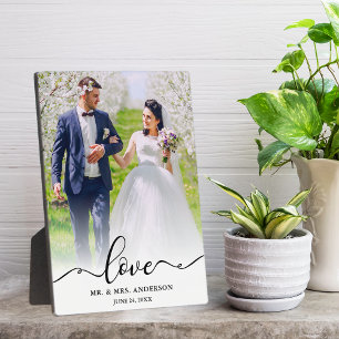 Elegant Script Love Mr. & Mrs. Wedding Photo Plaque