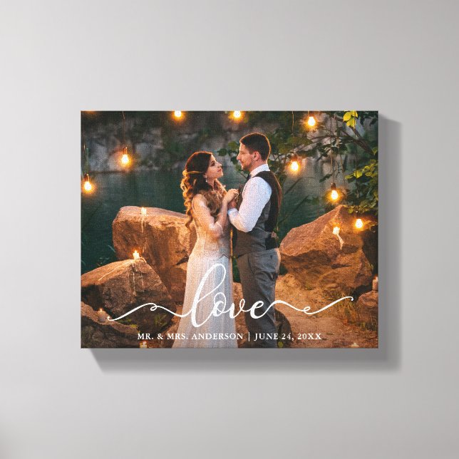 Elegant Script Love Wedding Bride Groom Photo Canvas Print (Front)