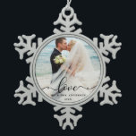 Elegant Script Love Wedding Photo Mr. and Mrs. Snowflake Pewter Christmas Ornament<br><div class="desc">Love Elegant Script Wedding Photo Mr. and Mrs. Ornament</div>