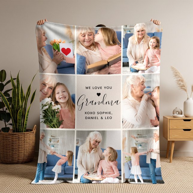 Elegant Script Love You Grandma Photo Collage Sherpa Blanket (Creator Uploaded)