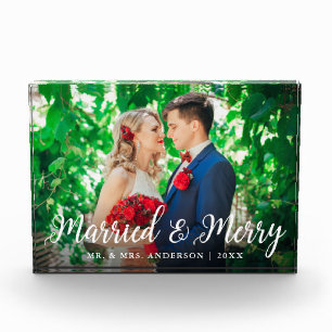 Elegant Script Married and Merry Photo Wedding Block