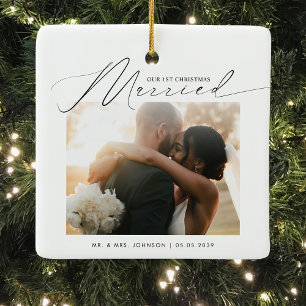 Elegant Script Married & Merry Newlywed Christmas Ceramic Ornament