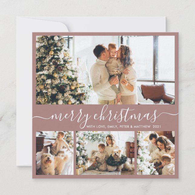 Elegant Script Mauve Photo Collage Christmas Card (Front)