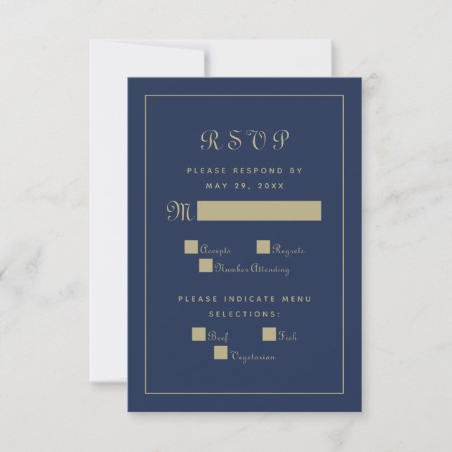 Elegant Script Meal Wedding Enclosure Blue Gold RSVP Card (Front)