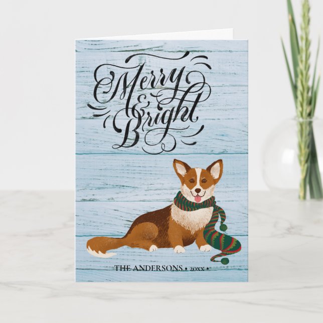 Elegant Script MERRY and BRIGHT Cute Corgi Fun Holiday Card (Front)