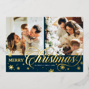 Elegant Script 'Merry Christmas' 2 Photo Gold Foil Holiday Card