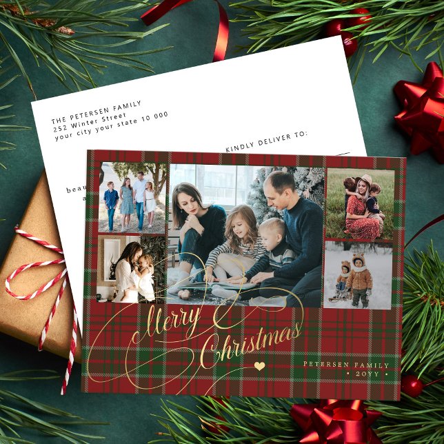 Elegant script Merry Christmas 5 photo red plaid Holiday Postcard (Creator Uploaded)