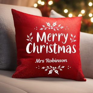 Elegant Script Merry Christmas Custom Name Family Cushion
