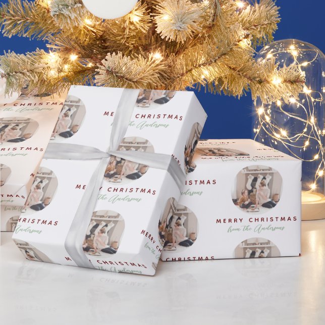 Elegant Script Merry Christmas Family Name Photo Wrapping Paper (Holidays)