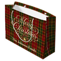 Elegant Script Merry Christmas Family Name Plaid