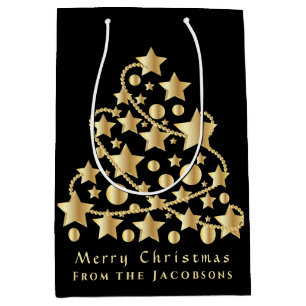 Elegant Script Merry Christmas Gold Star Black Medium Gift Bag