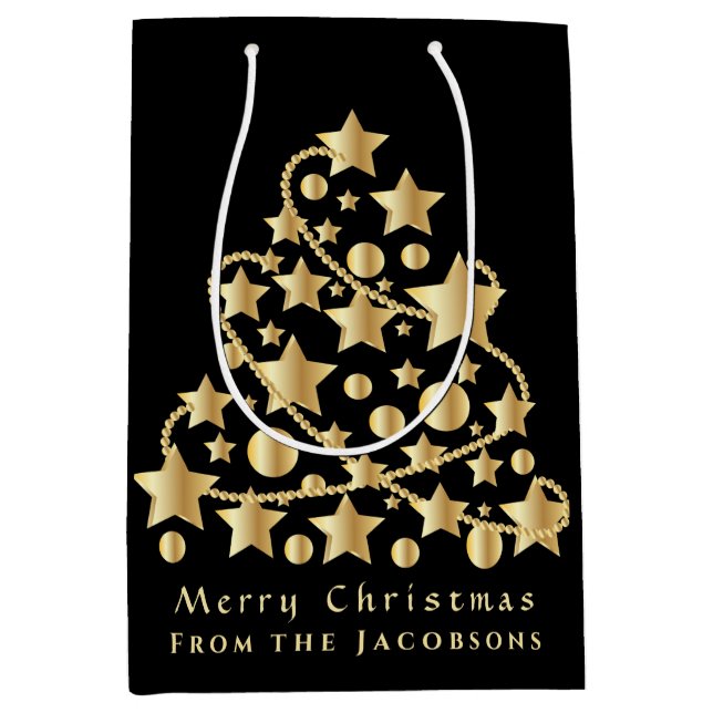Elegant Script Merry Christmas Gold Star Black Medium Gift Bag (Front)