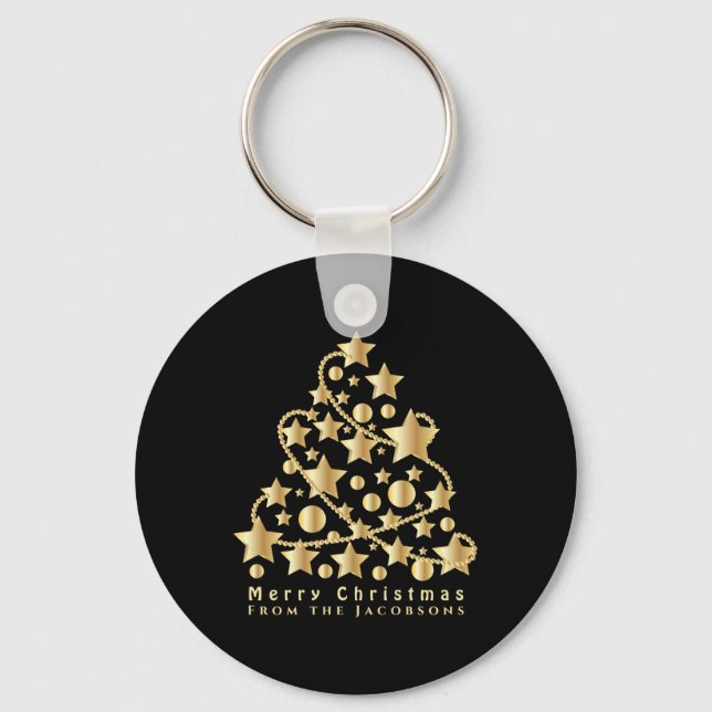Elegant Script Merry Christmas Gold Star Black T S Key Ring (Front)