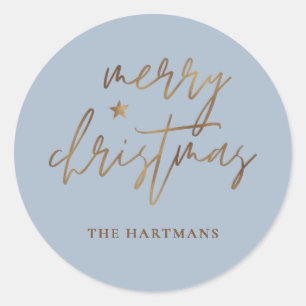 Elegant Script Merry Christmas Gold Star Blue Classic Round Sticker