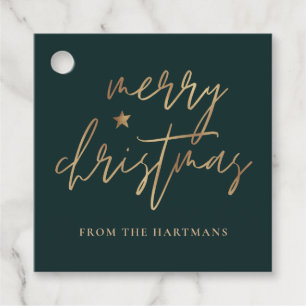 Elegant Script Merry Christmas Gold Star Dark Teal Favour Tags