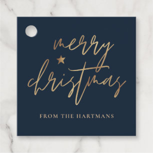 Elegant Script Merry Christmas Gold Star Navy Blue Favour Tags