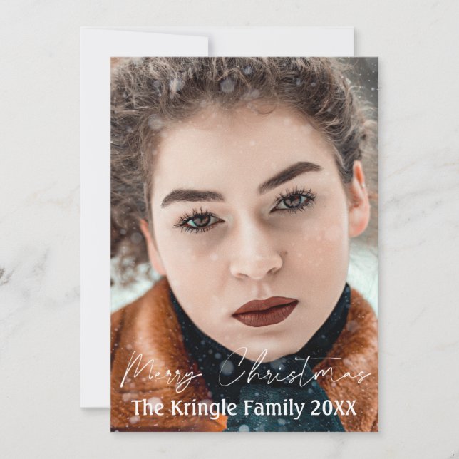 Elegant Script Merry Christmas Holly Berries Holiday Card (Front)