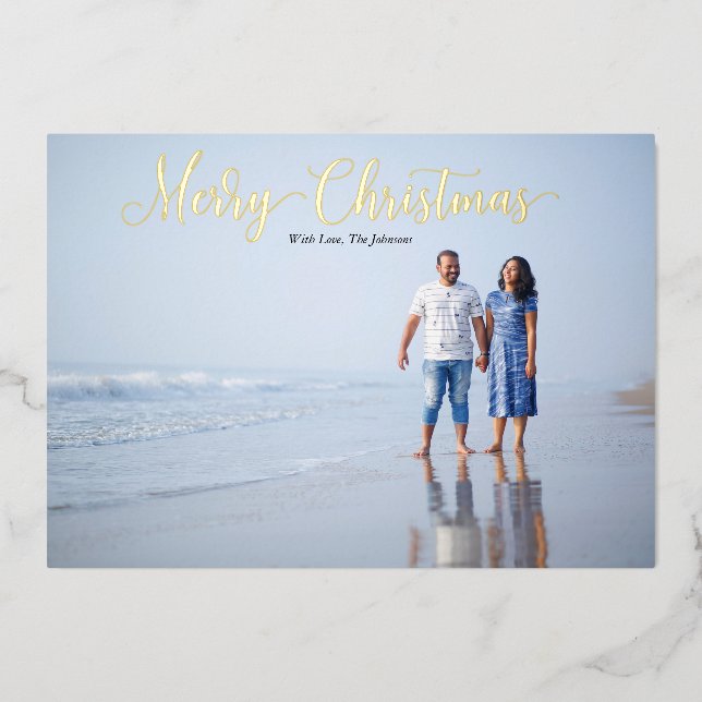 Elegant Script Merry Christmas Personalised  Foil Holiday Card (Front)