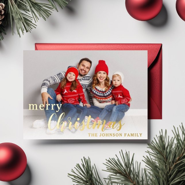 Elegant Script Merry Christmas Photo Gold Foil Holiday Card (Elegant Script Merry Christmas Photo Gold Foil Holiday Card)