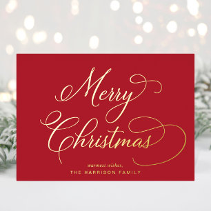 Elegant Script Merry Christmas Red Photo Foil Holiday Card