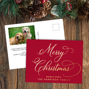 Elegant Script Merry Christmas Red Photo Foil Holiday Postcard