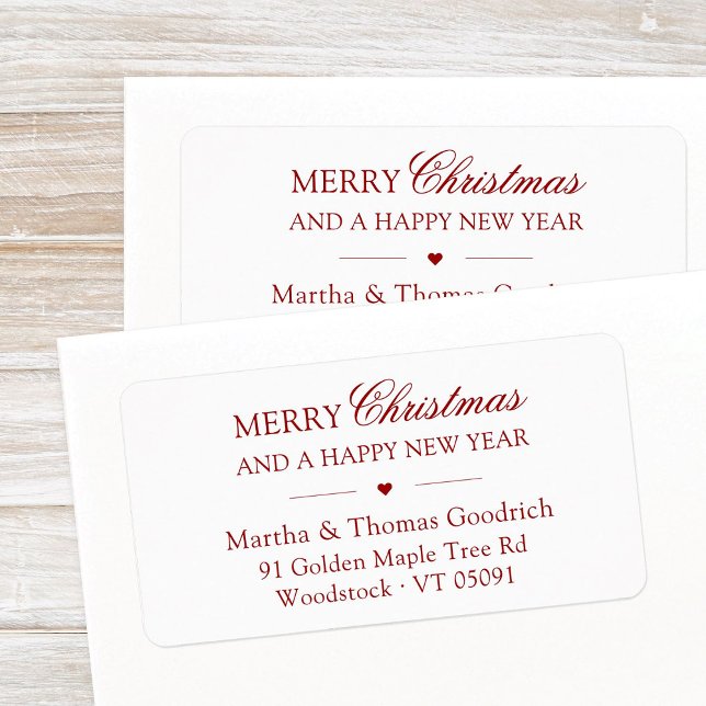 Elegant Script Merry Christmas Red Return Address Label (Elegant script, red Merry Christmas and a Happy New Year return address label with small heart.)