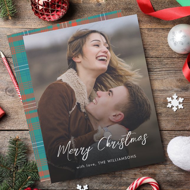Elegant Script Merry Christmas Wilson Tartan Photo Card (Elegant Script Merry Christmas Wilson Tartan Photo Note Card)