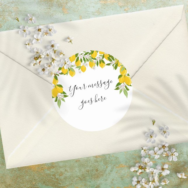 Elegant Script Message Lemons Blossom Greenery Classic Round Sticker (Elegant Script Message Lemons Blossom Greenery Classic Round Sticker)