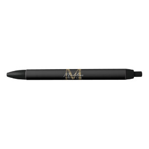 Elegant Script Metallic Black Gold Monogram Black Ink Pen