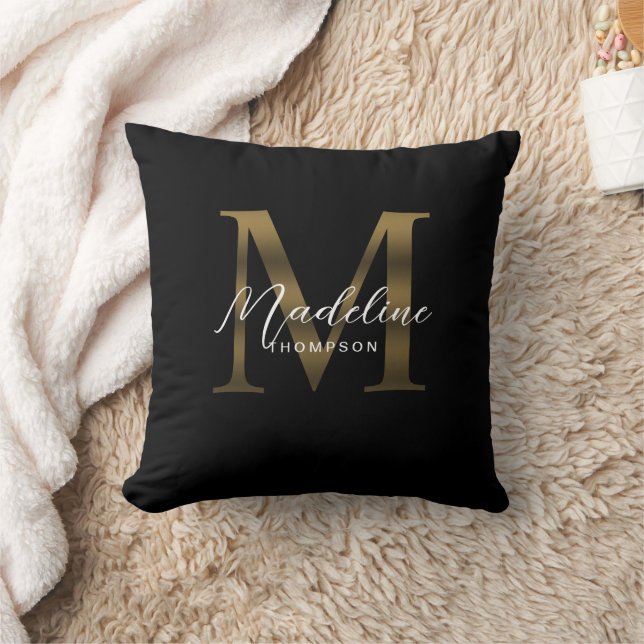 Elegant Script Metallic Black Gold Monogram Cushion (Blanket)