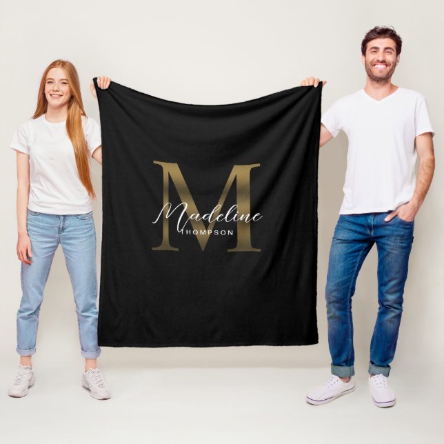 Elegant Script Metallic Black Gold Monogram Fleece Blanket (In Situ)