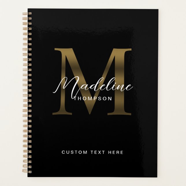 Elegant Script Metallic Black Gold Monogram Planner (Front)