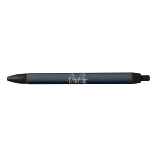 Elegant Script Metallic Navy Blue Gold Monogram Black Ink Pen