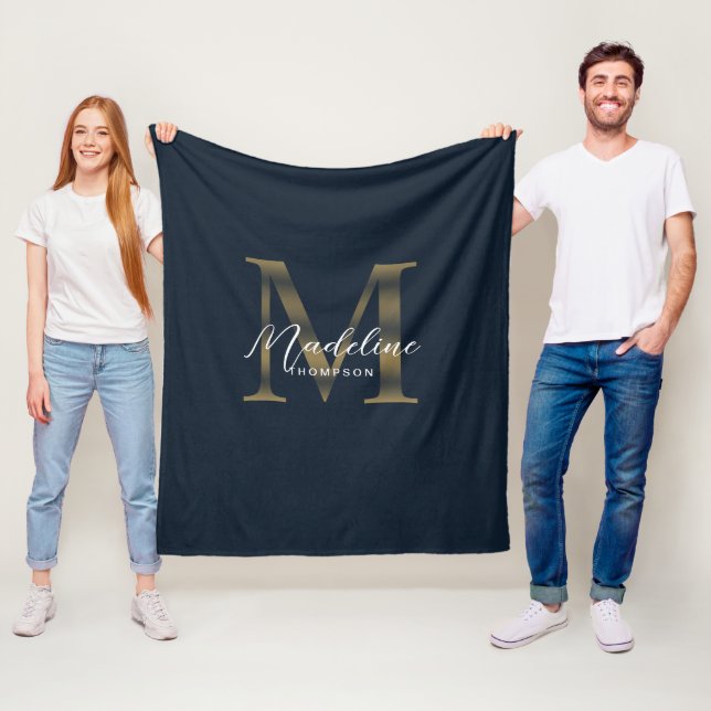 Elegant Script Metallic Navy Blue Gold Monogram Fleece Blanket (In Situ)