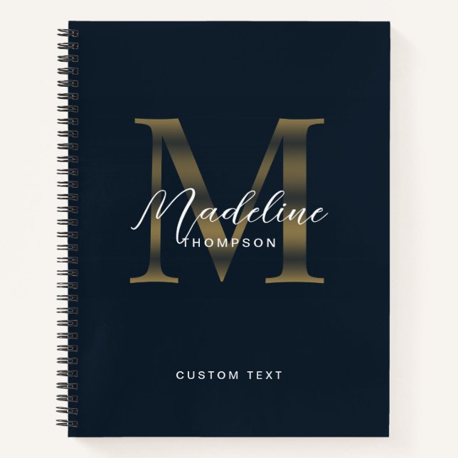 Elegant Script Metallic Navy Blue Gold Monogram Notebook (Front)