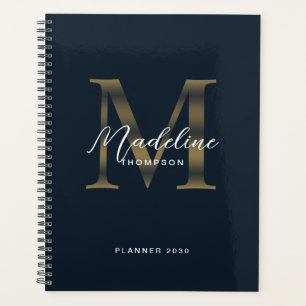 Elegant Script Metallic Navy Blue Gold Monogram Planner