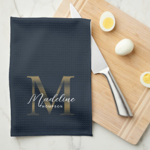 Elegant Script Metallic Navy Blue Gold Monogram Tea Towel