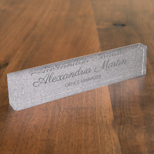 Elegant Script Metallic Silver Name Job Title Nameplate