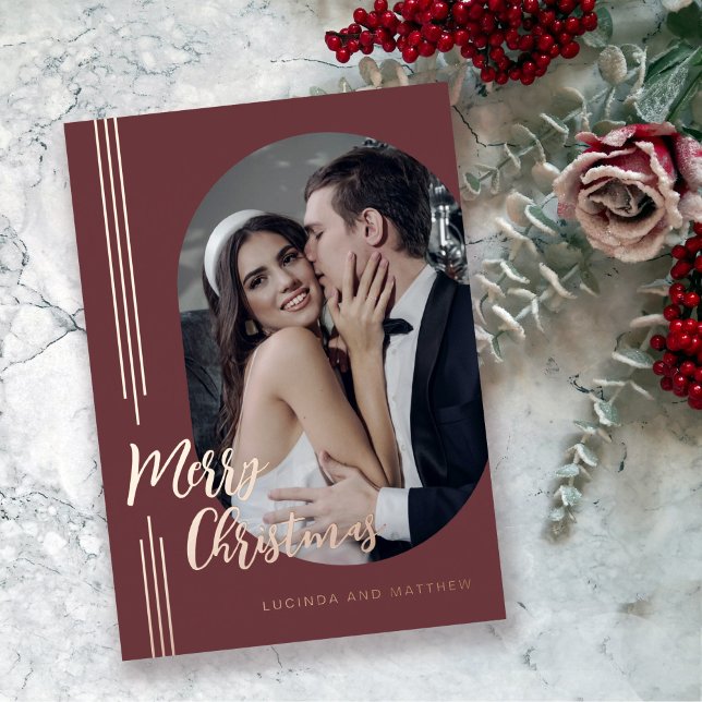 Elegant Script Minimal Photo Christmas Foil Holiday Card (Real foil in rose gold make this elegant holiday card pop with style.
)