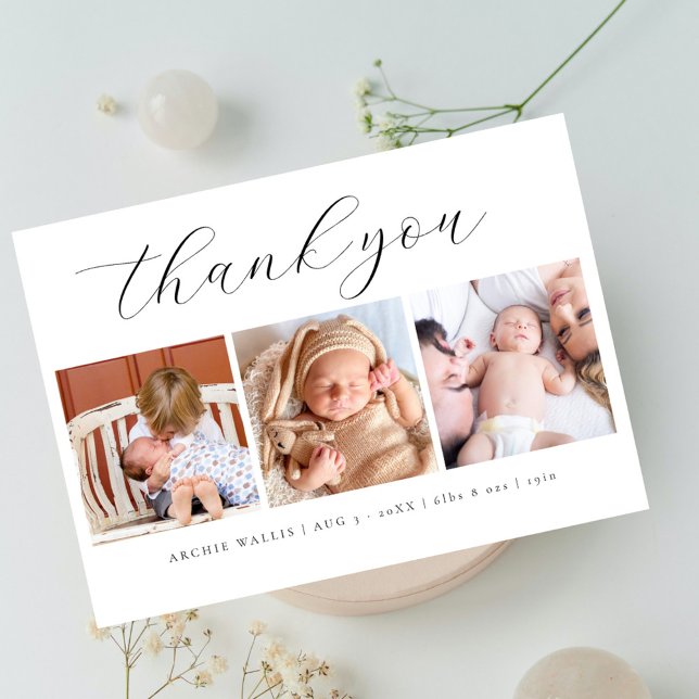 Elegant Script Minimalist 3 Photo New Baby Thank You Card (Creator Uploaded)
