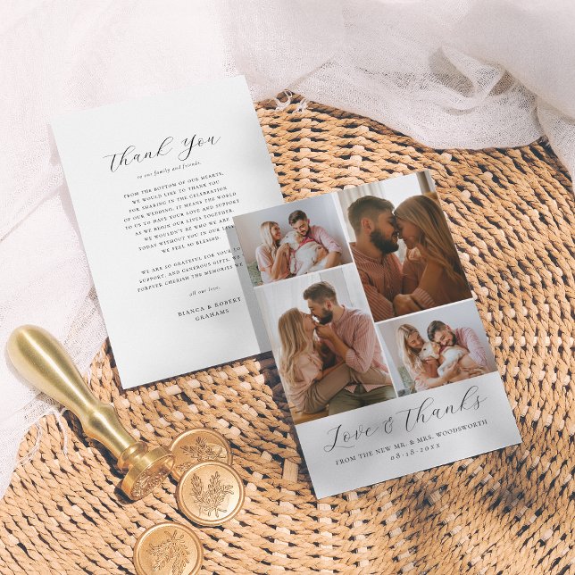 Elegant Script Minimalist 4 Photo Collage Wedding Thank You Card (Creator Uploaded)