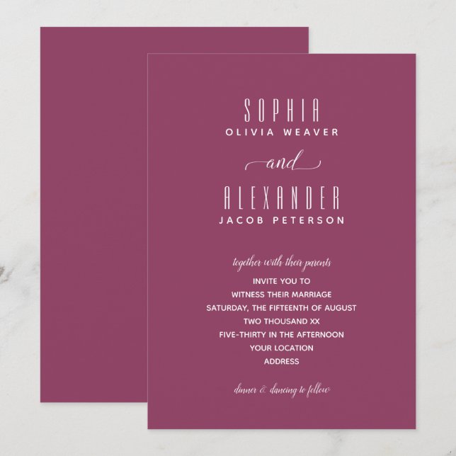 Elegant Script Minimalist Berry Wedding Invitation (Front/Back)