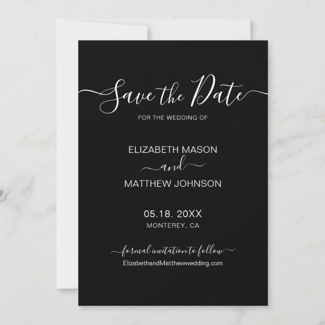 Elegant Script Minimalist Black and White Wedding  Save The Date (Front)