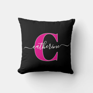 Elegant Script Minimalist Black Pink Monogram Name Cushion