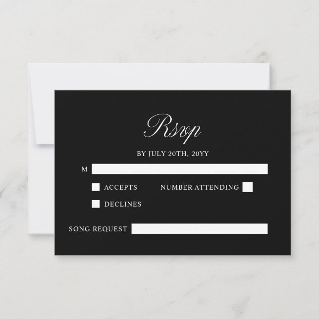 Elegant Script Minimalist Formal Black Wedding RSVP Card (Front)