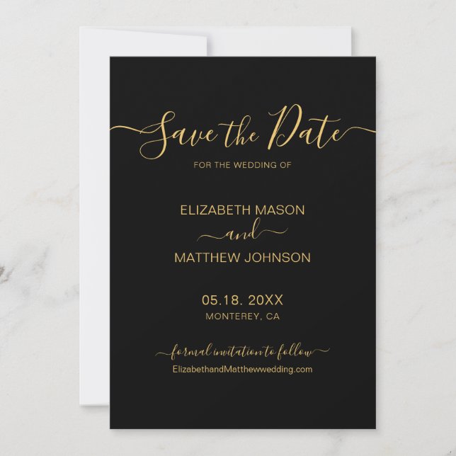 Elegant Script Minimalist Gold and Black Wedding Save The Date (Front)