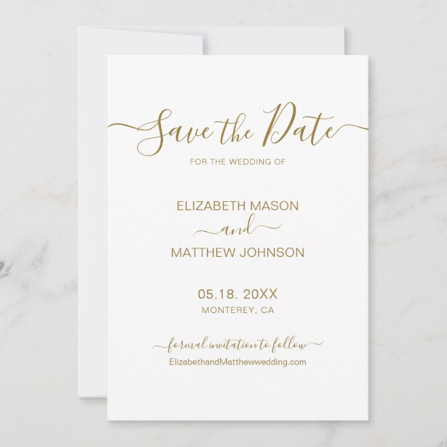 Elegant Script Minimalist Gold and White Wedding Save The Date (Front)