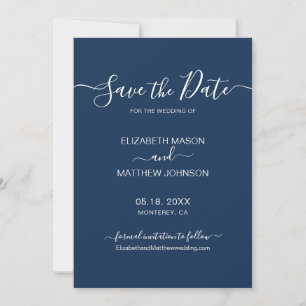 Elegant Script Minimalist Navy and White Wedding  Save The Date