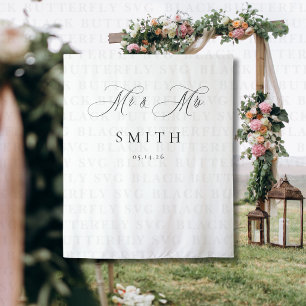Elegant Script Minimalist Wedding Photo Backdrop  Tapestry